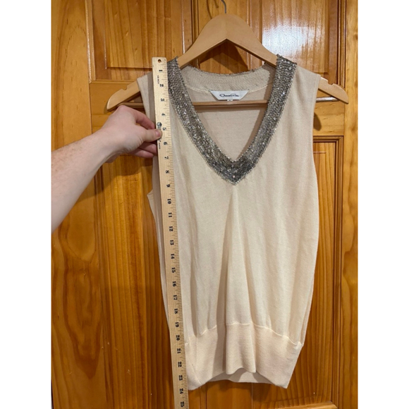 Oscar de la Renta Ivory Sleeveless Knit Top Beaded V-Neck Luxury Designer - Picture 2 of 6